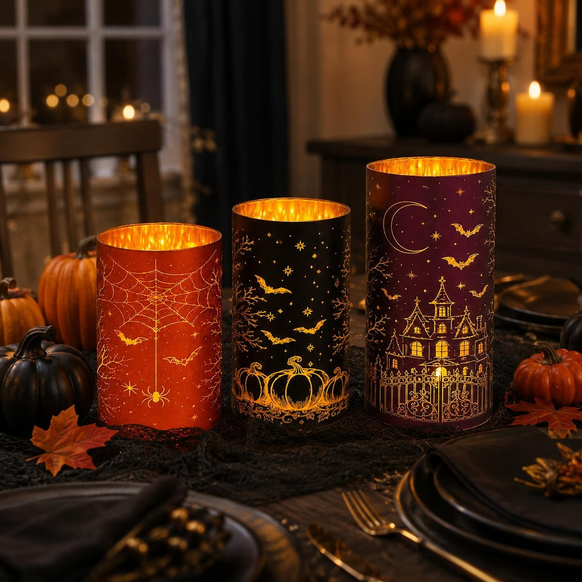 Wind Shear Halloween Glass Lanterns Set of 3, Lighted Decor