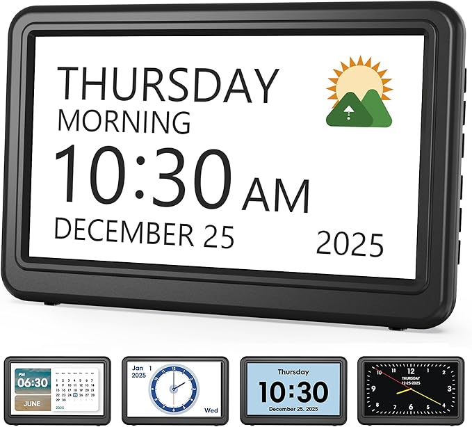 Clock with Day and Date for Elderly, 12 Display Modes, Dimmable Dementia by Roxicosly