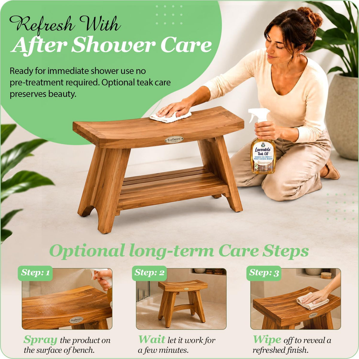 EcoDecors Serenity 30-Inch Teak Shower Bench with Shelf, 300 lb