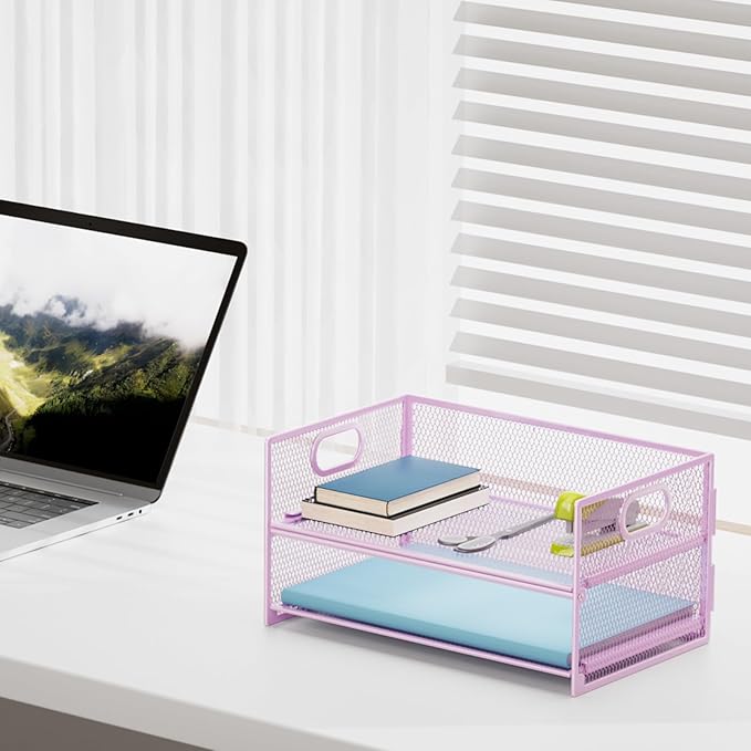 Marbrasse 2 Tier Paper Organizer Letter Tray, Mesh File Organizer - Image 3