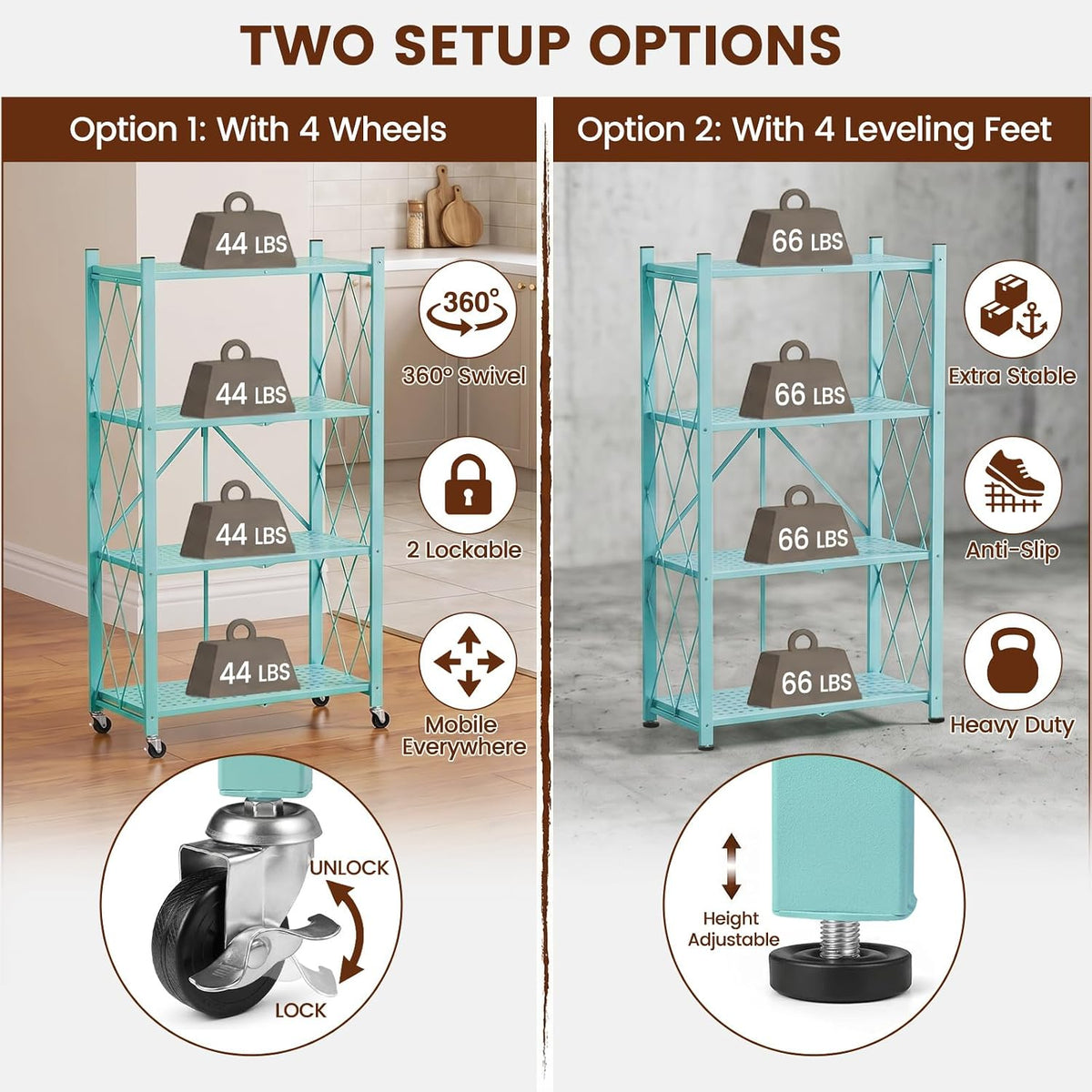 ALANNG 4 Tier Folding Shelf with Wheels, No Assembly Metal Storage Rack