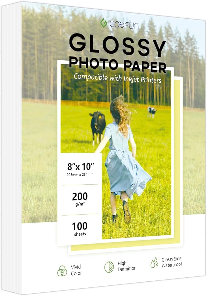 100 Sheets Glossy Photo Paper 8x10, Goefun 200GSM/54LB Inkjet Printer Paper by Goefun