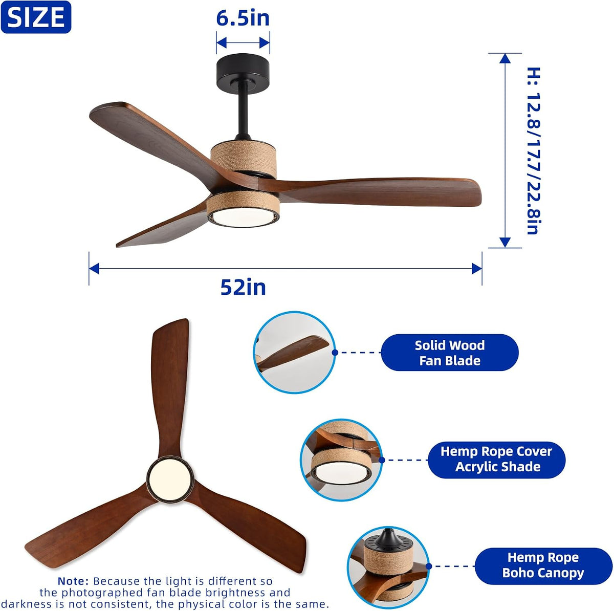 52 inch boho downrod ceiling fan with light, close-up detail