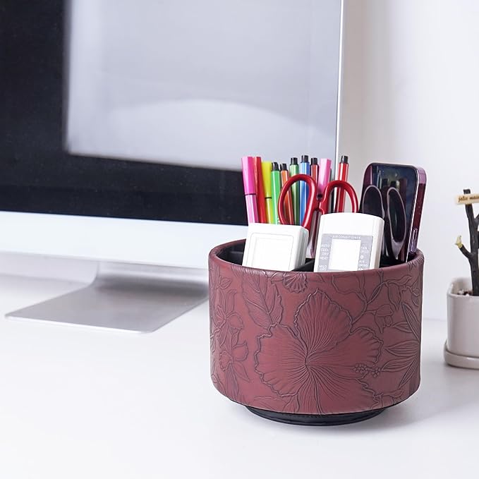 Hennaja Round Leather Art Supply Organizer, Remote Control Holder, 360 Degree - Image 7