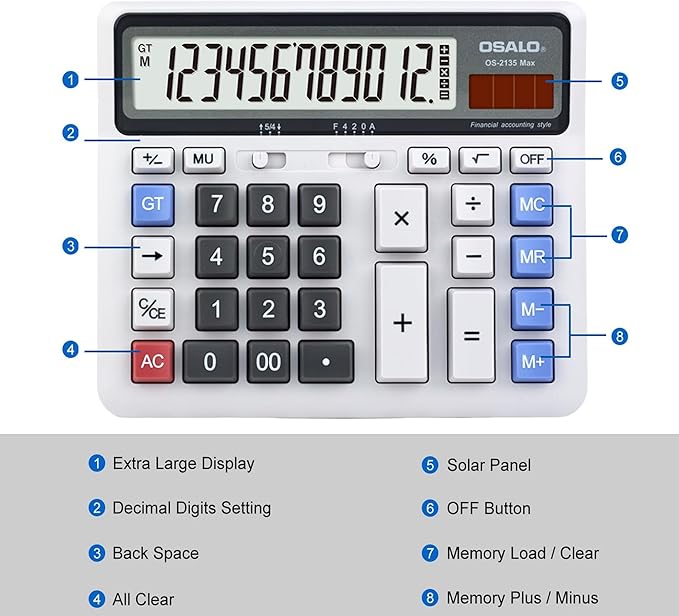 Desktop Calculator, Extra Large LCD Display Computer Button 12 Digits - Image 4