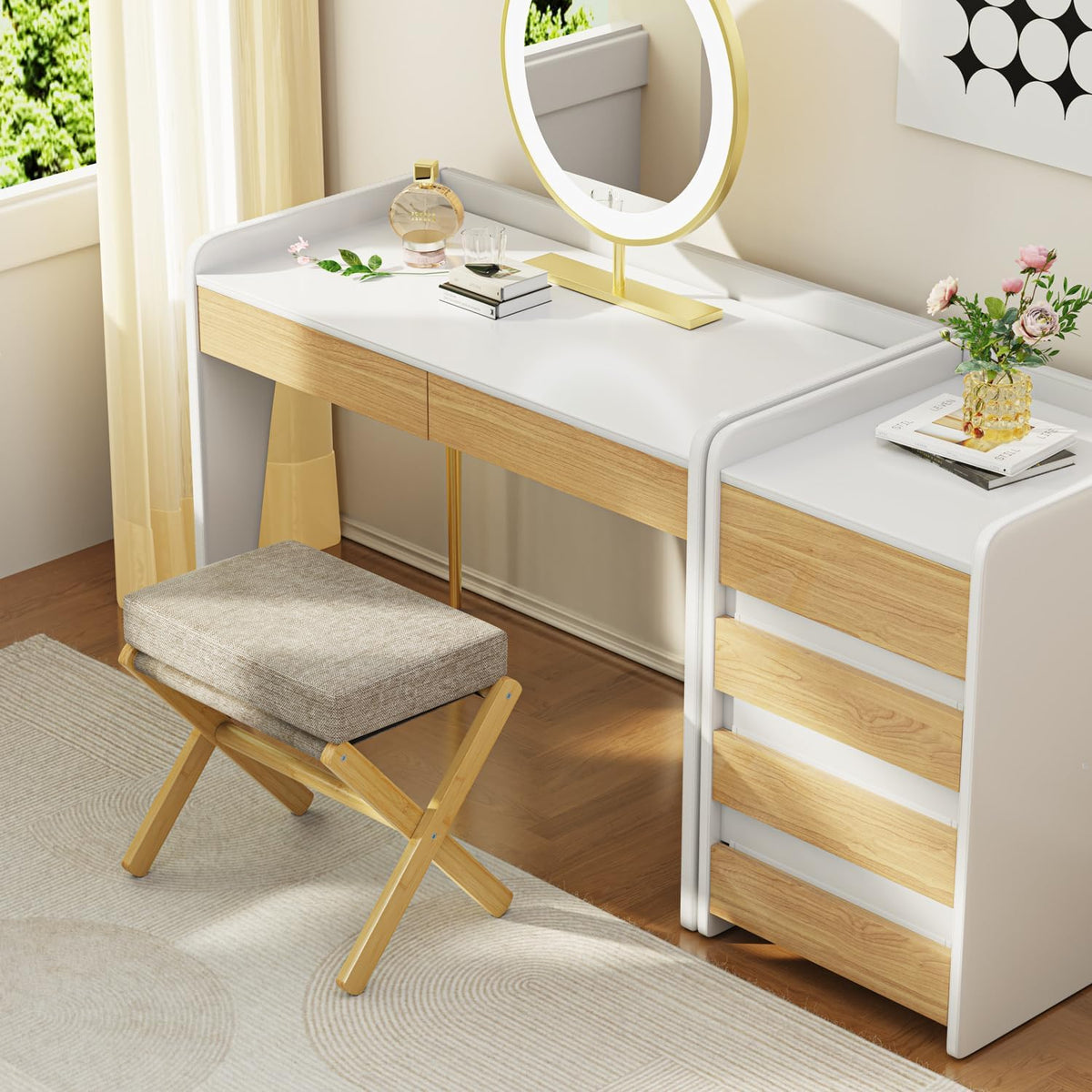 bamboohomie foldable foot stool ottoman, modern foot rest shown in use