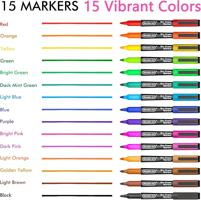 Shuttle Art Dry Erase Markers, 15 Colors Magnetic Whiteboard Markers, Fine Point - Image 2