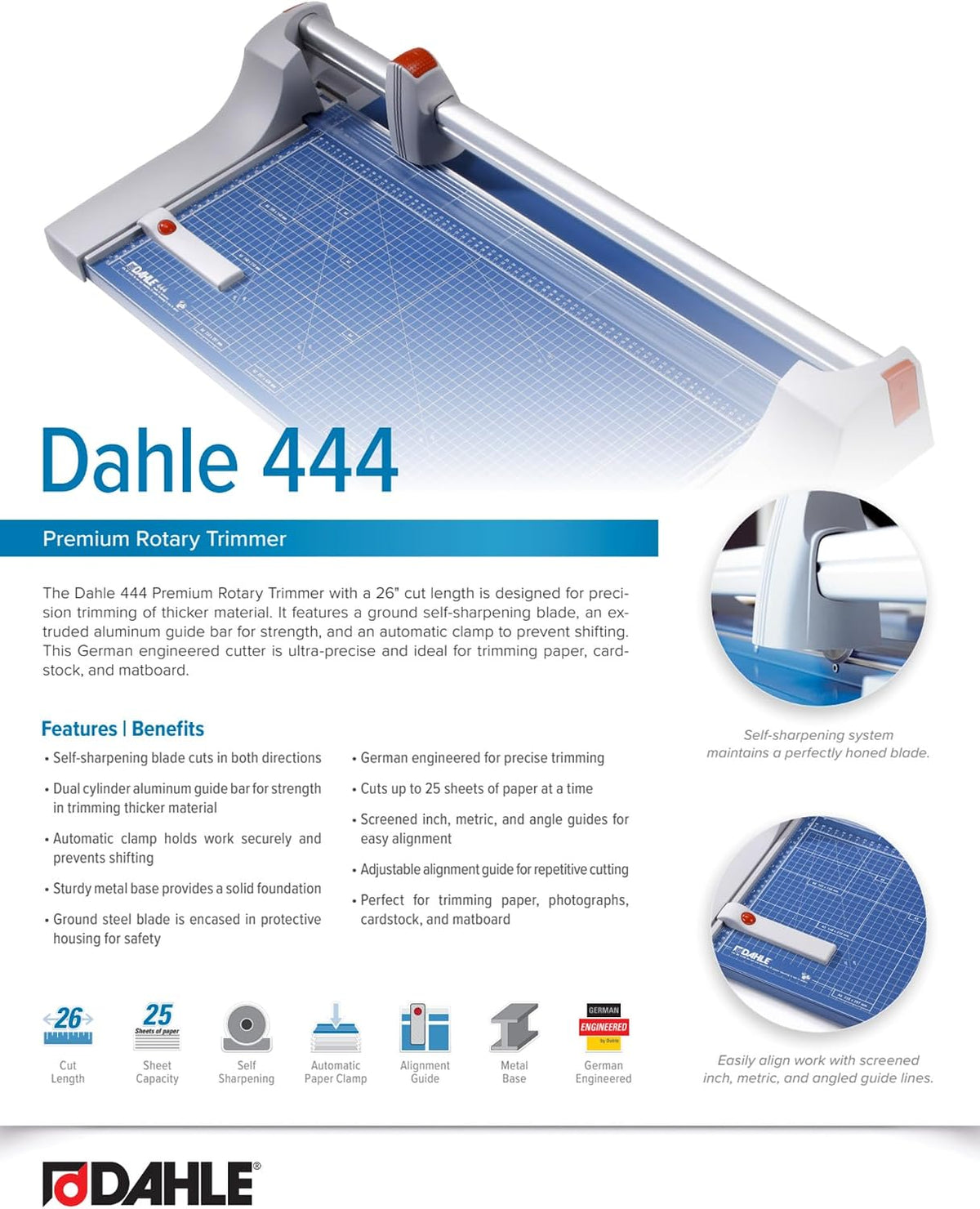 Dahle 444 Premium Rotary Trimmer, 26" Cut Length, 25 Sheet Capacity, Sel...