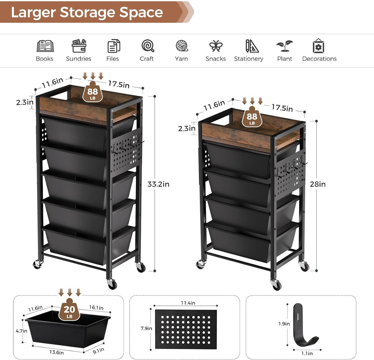 6 Tier Rolling Cart with Drawers, Plastic Drawer Storage Craft Cart with Pegb...