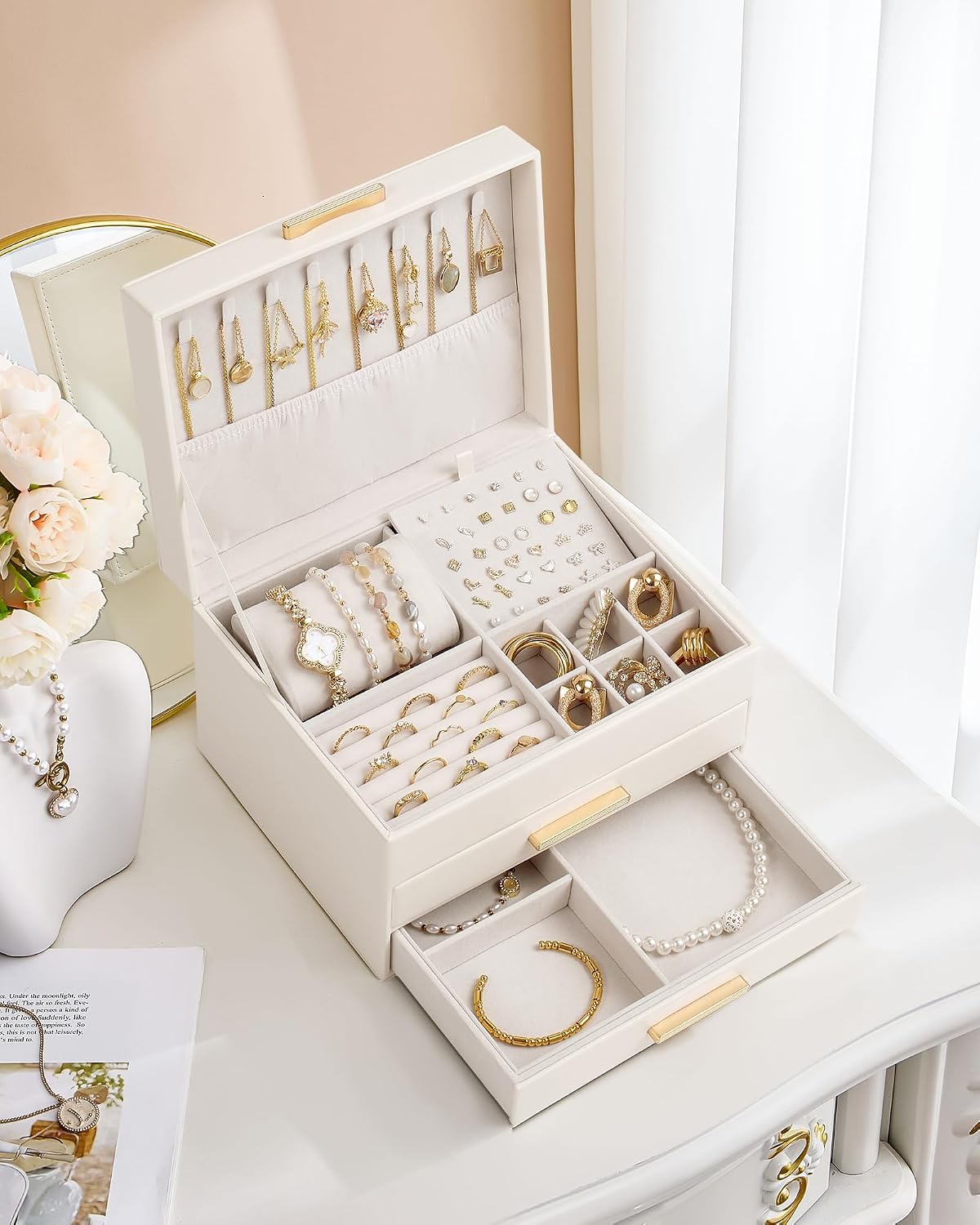 Lolalet 3-Layer Jewelry Box Organizer for Women Girls Room Decor -Beige