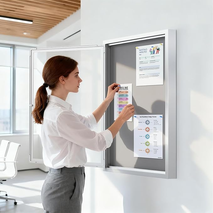 SWANCROWN Outdoor Lockable Gray Fabric Bulletin Board Shatter Resistant Display - Image 7