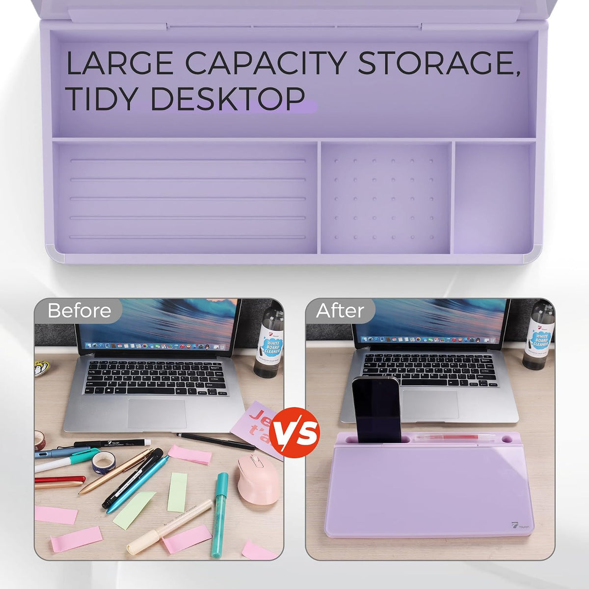 TOWON Compact Glass Desktop Whiteboard with Storage 12x7 in, Lavender