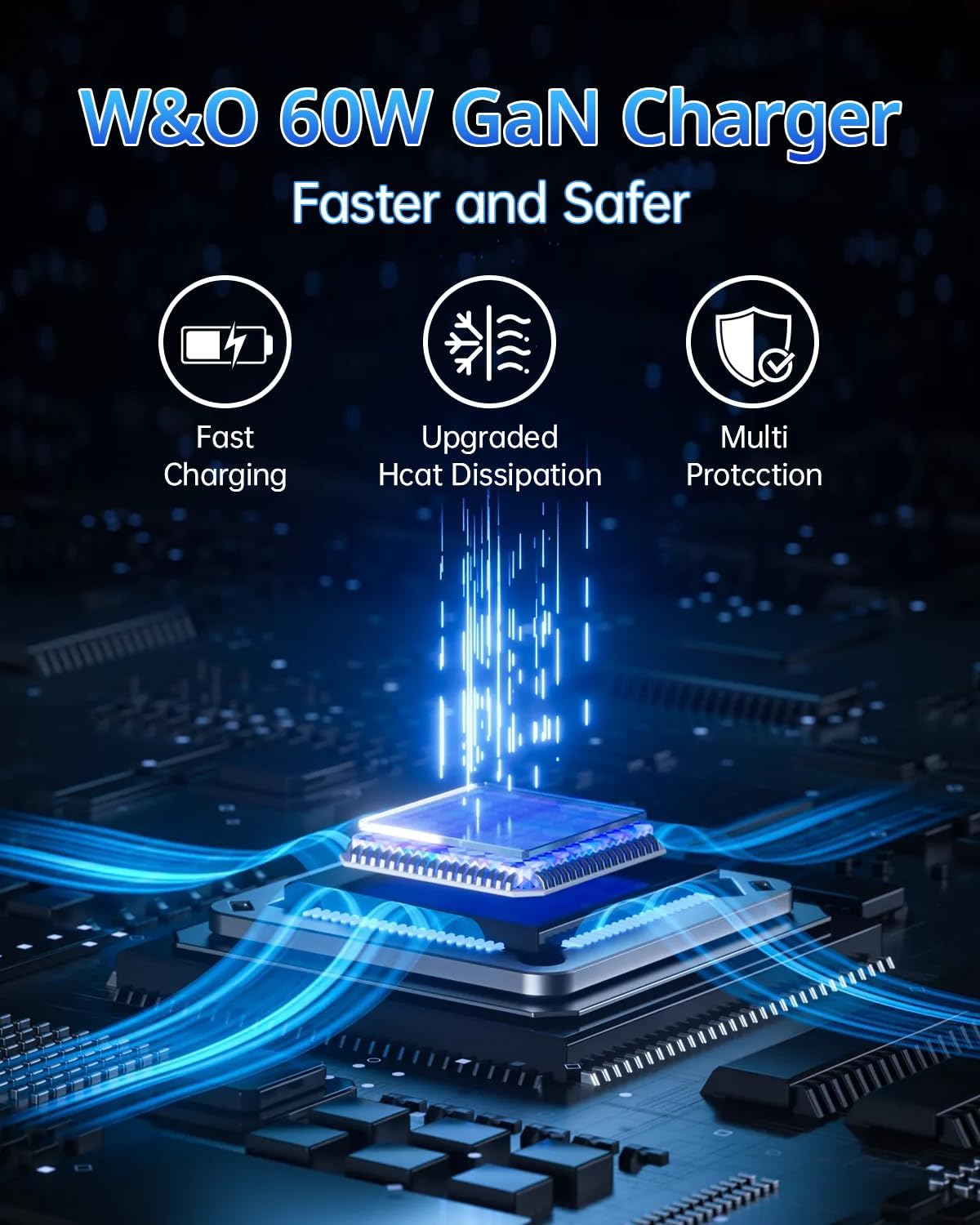 W & O 60W Gan Fast Charger Wall Plug, Built-in Retractable USB-C & L ...