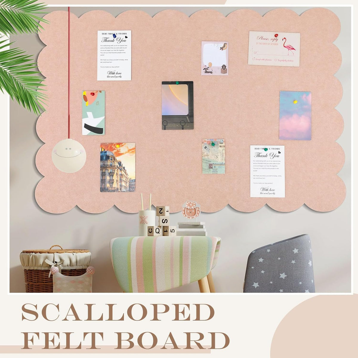 Mooliwe Scalloped Felt Bulletin Cork Board Foldable Flesh Pink 72 x 48 Inch