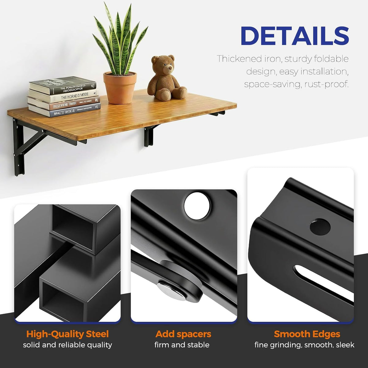 Ravinte Hardware Black Folding Shelf Brackets, 16 Inch, 4 Pcs