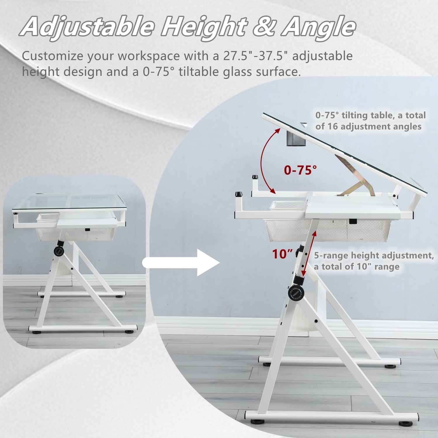 Drafting Table, Height Adjustable Art Tabe with Stool, White | 0-75° Tilting Tempered Glass Tabletop Art Drawing Table with Compartments, Trays, Rack and Drawers for Sketching Painting
