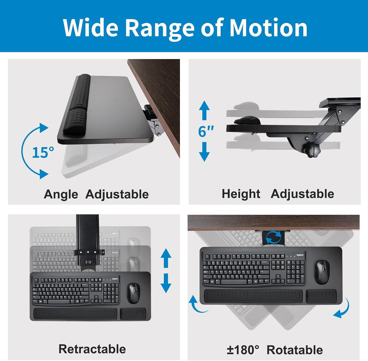 Keyboard Tray Under Desk,25x9.84'' Large Slide Out Swivel Tilt Comput...