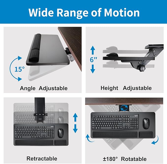 Cartmay Keyboard Tray Under Desk, 25x9.84'' Large Slide Out Swivel Tilt - Image 3