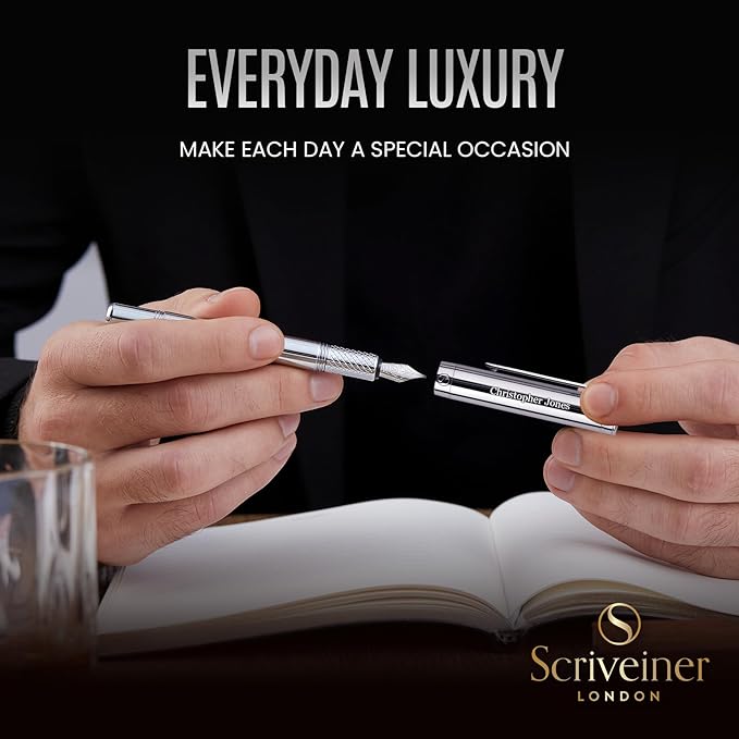 Scriveiner Personalized Silver Chrome Fountain Pen, Award Winning Luxury Pen - Image 8