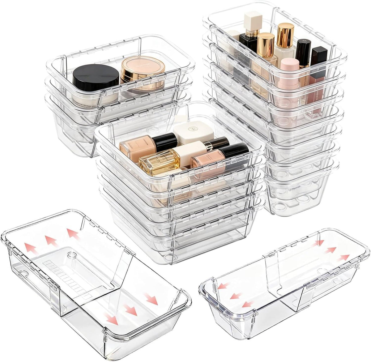 Expandable Drawer Organizer Set, 15 Clear Bins, 2 Sizes