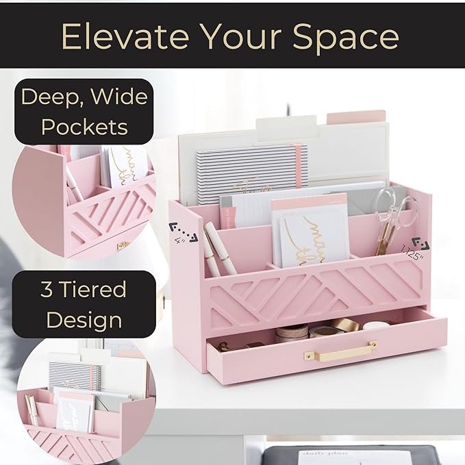 BLU MONACO Pink Wooden Desk Organizer - Image 3