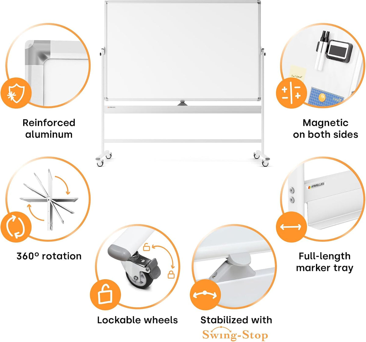 Kamelleo Rolling Whiteboard on Wheels 96" x 46", Double Sided White...