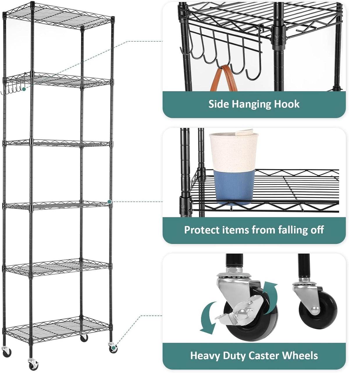 Himimi 6-Tier Storage Shelf Units, Adjustable Wire Shelving with Wheels, Meta...