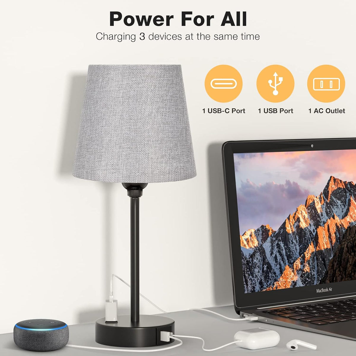 Grey Bedside Lamps Set 2 for Bedroom - Dimmable Touch, USB C+A, AC Outlet