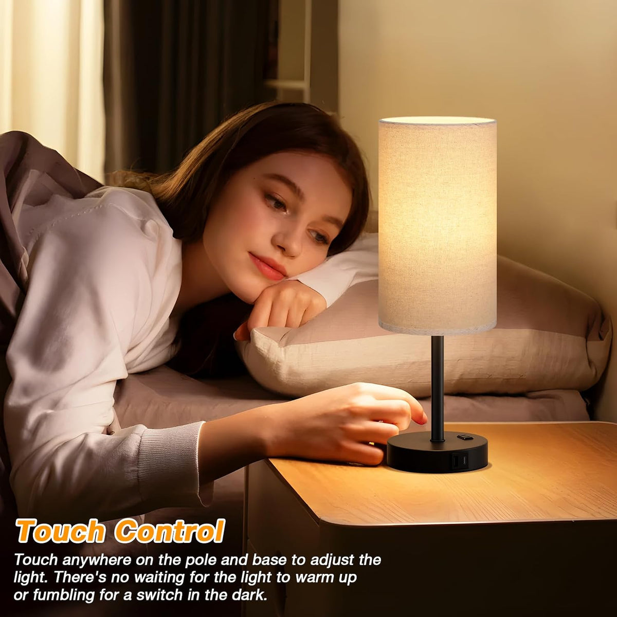 Dicoool 17.4" Bedside Lamp for Bedroom - Dimmable Touch, USB A+C, AC Outlet