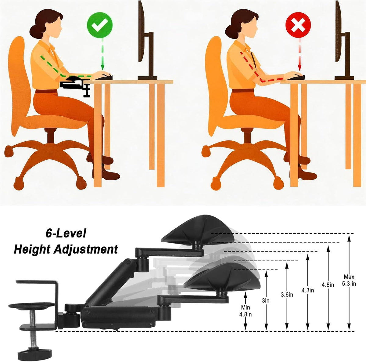 Adjustable Arm Rest for Desk, 360° Rotating and 6-Level Height Desk Arm Rest,...