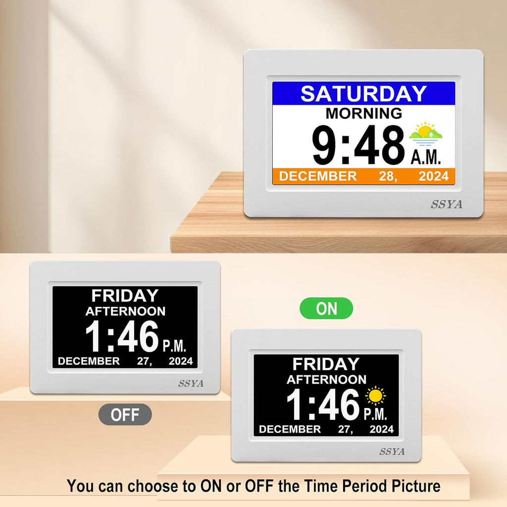 ssya digital calendar alarm clock - dementia clocks, front angle view