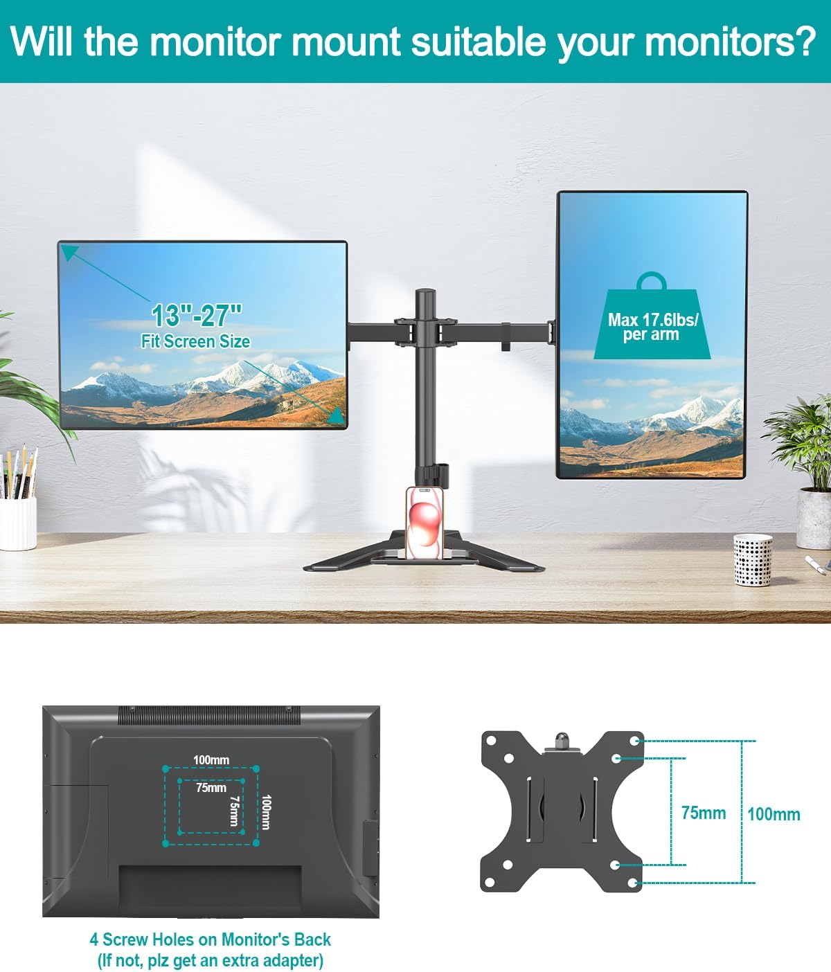 mount pro dual monitor stand, free-standing full motion, close-up detail