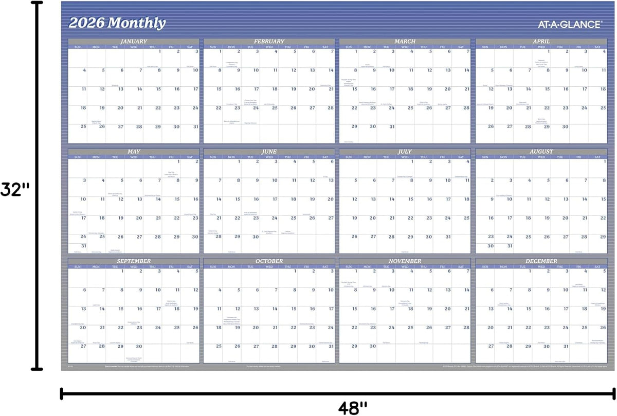 AT-A-GLANCE 2026 Wall Calendar, Dry Erase Wall Planner, Monthly, 48" x 3...