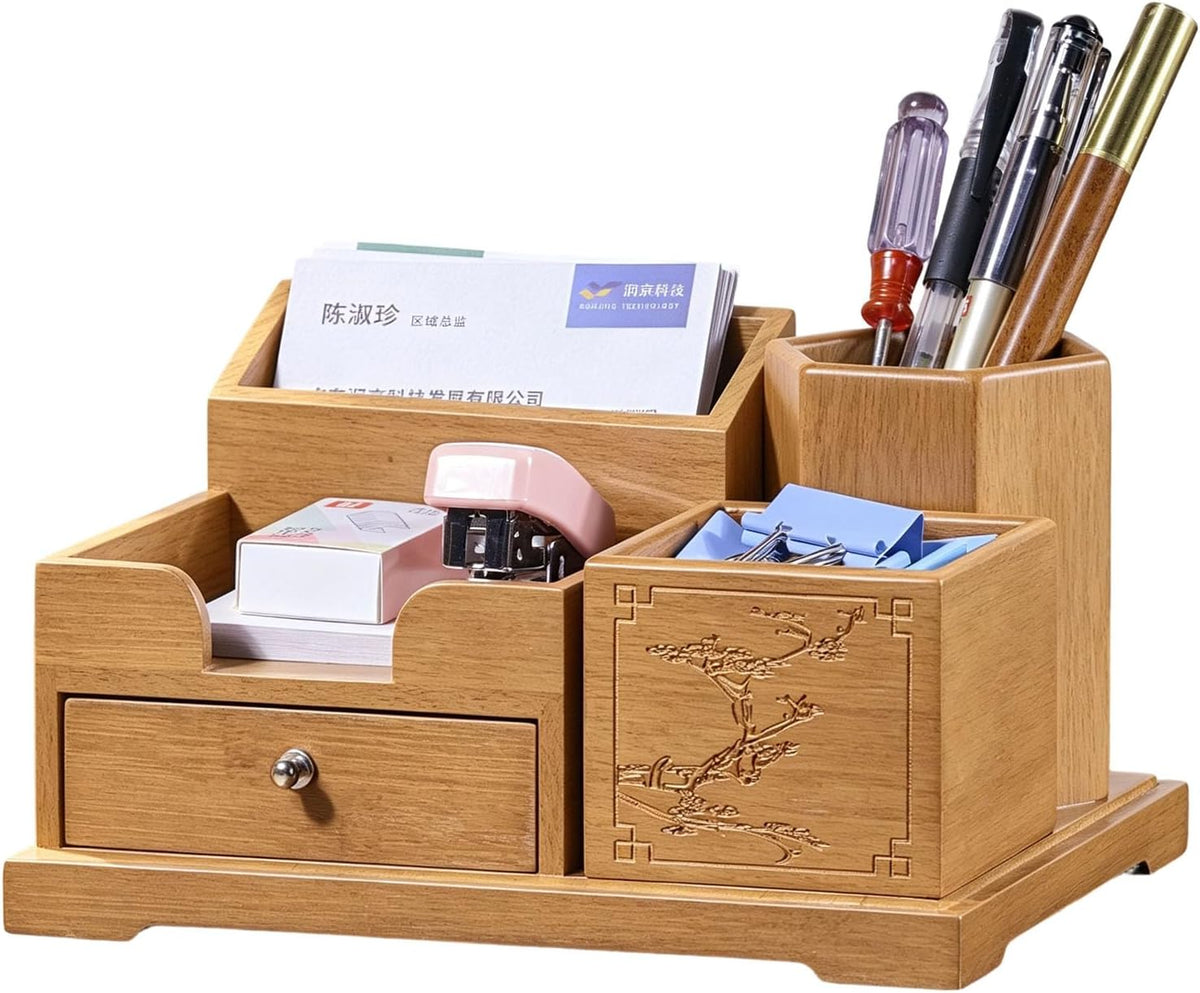 Bamboo Desk Organizer with Drawer & Pen Holder, Office Desk Caddy Storage