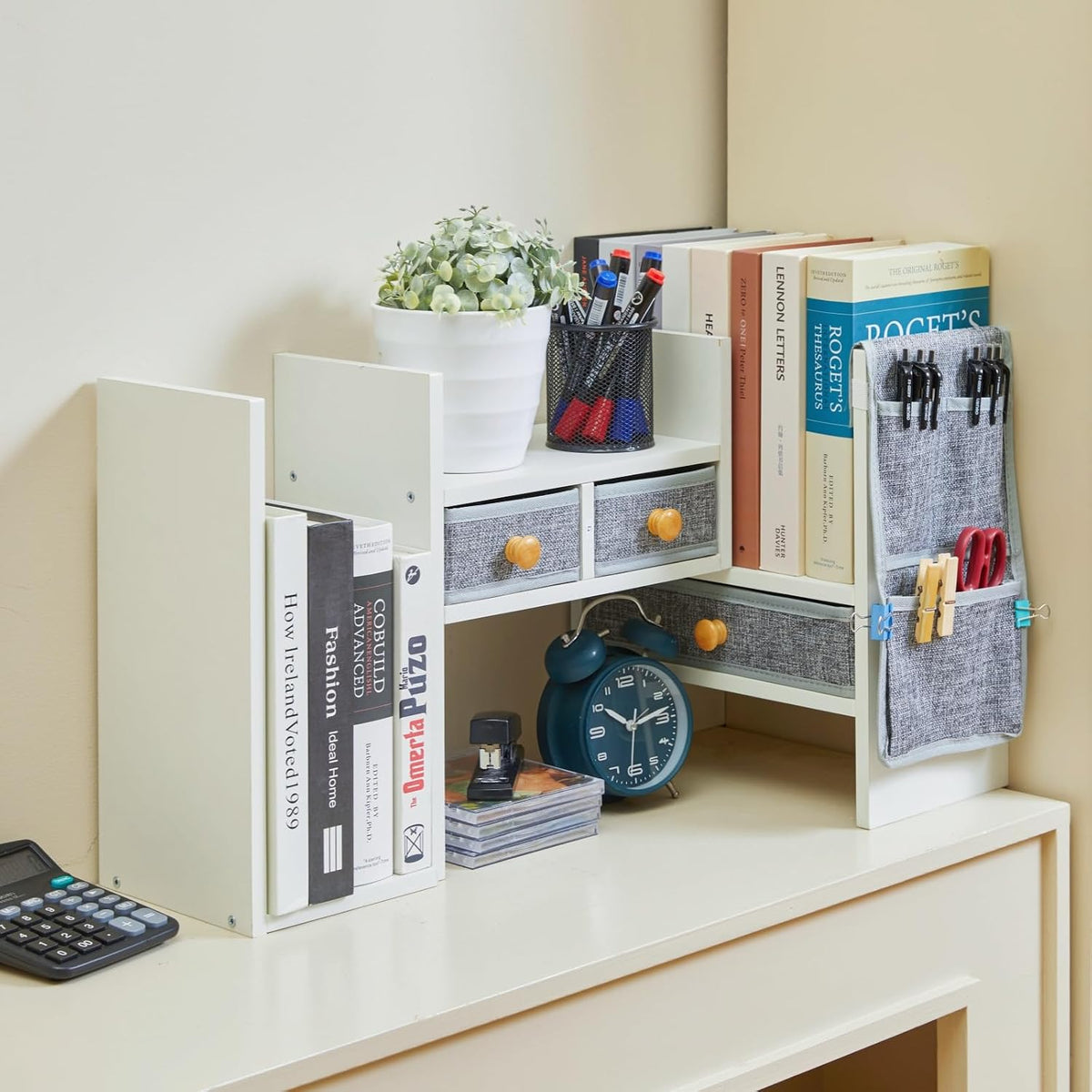 X-cosrack Adjustable Desk Shelves for Storage, Desktop Bookshelf with 3 Drawe...