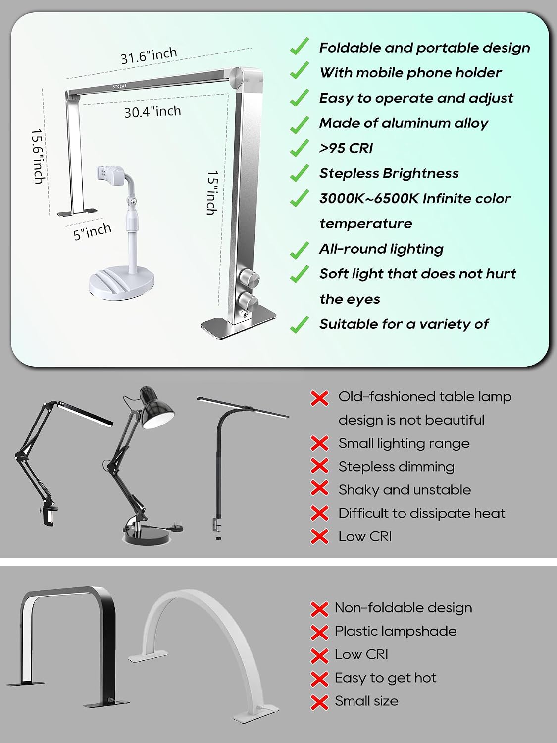 Upgraded Nail Tech Lamp for Desk, 32 in Foldable Large Nail Light with Phone ...