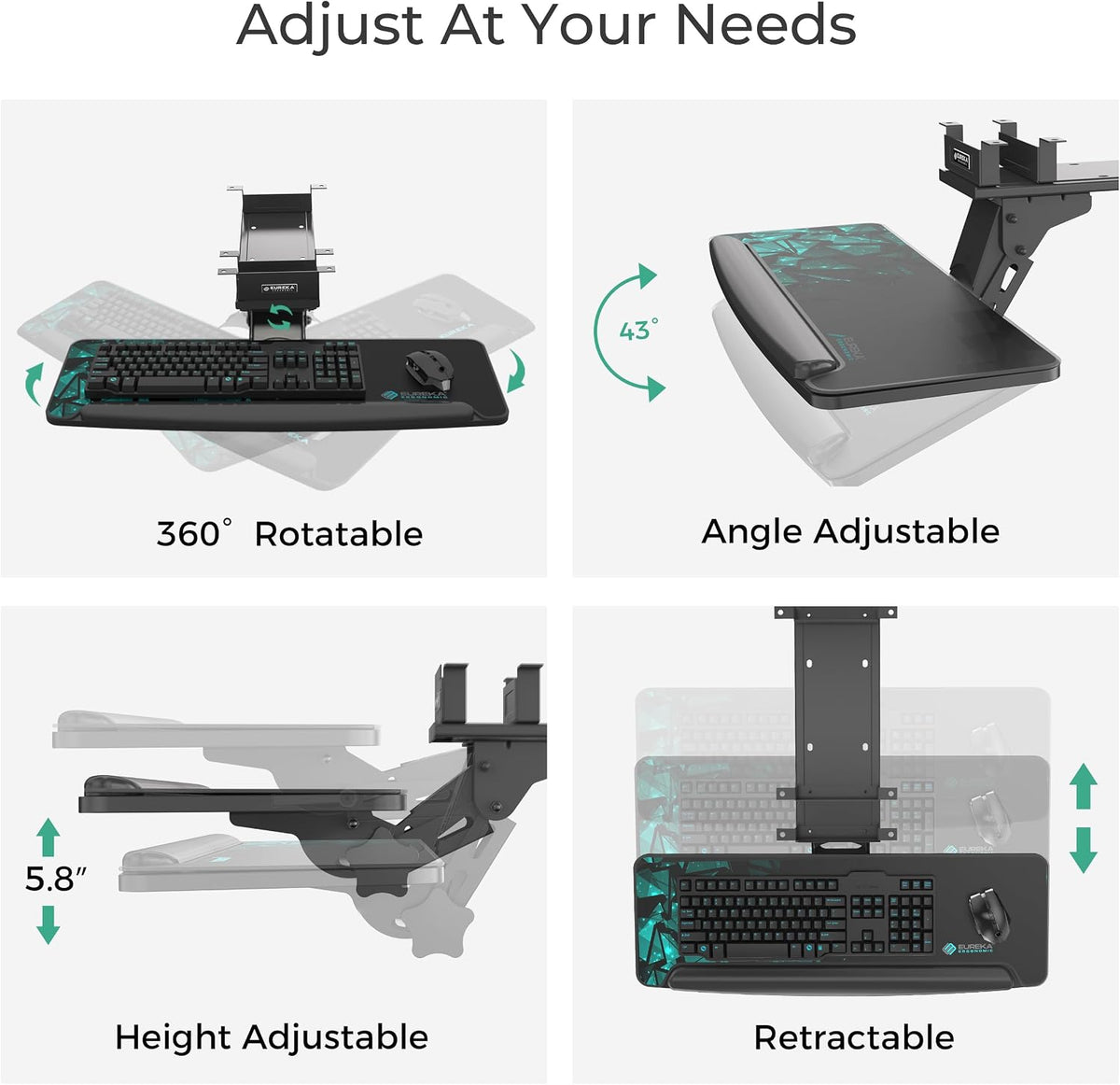 EUREKA ERGONOMIC Height Adjustable Mouse & Keyboard Tray Under Desk, 28x1...