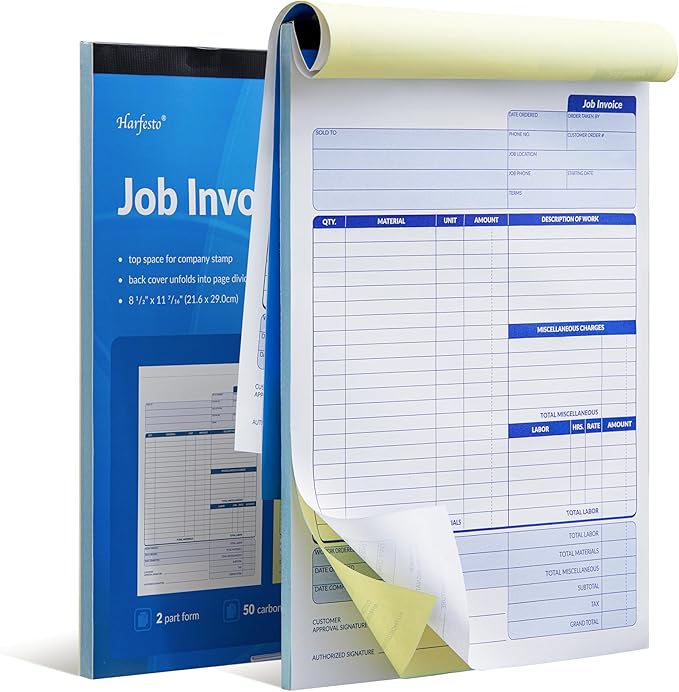 Harfesto Job Work Order Forms, Large Size Contractor Invoice Book 8-1/2" x by Harfesto