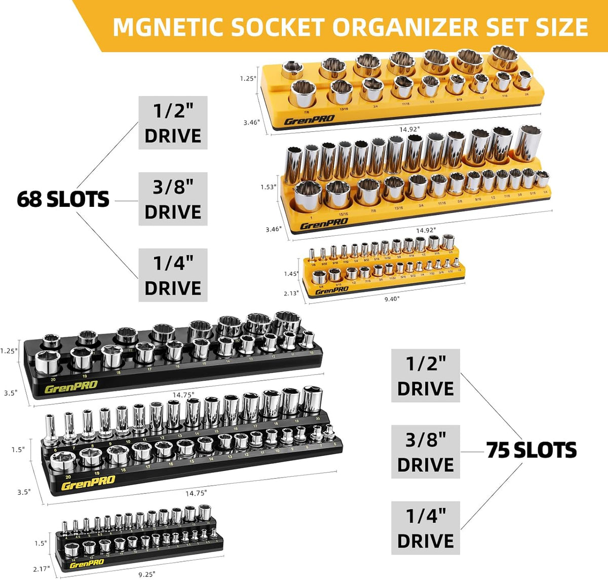GRENPRO Magnetic Socket Organizer Set, 6PCS 1/4 3/8 1/2 SAE & Metric