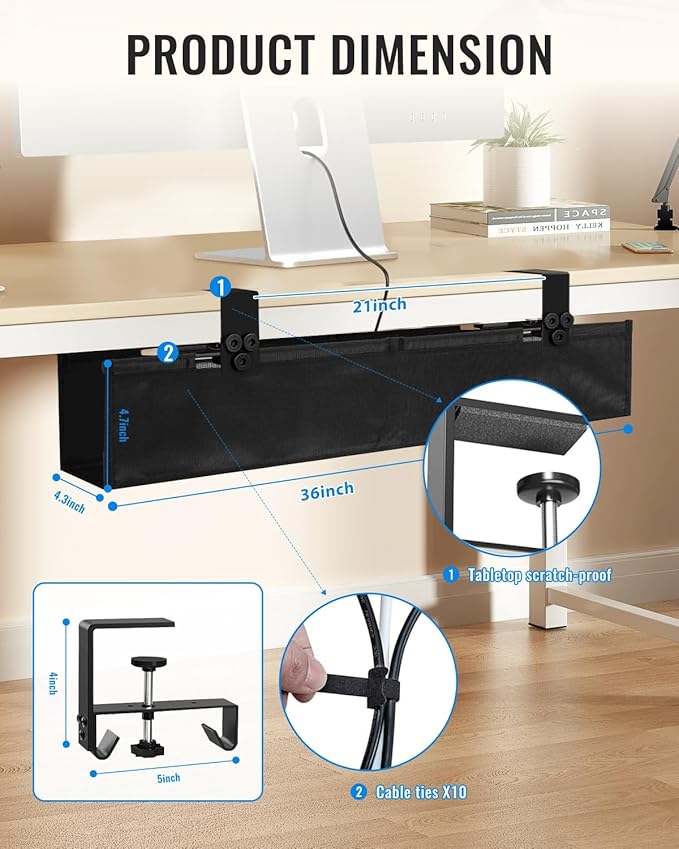 No Drill Cable Management Under Desk, Clamp/Screw Mount Cable Tray, Premium - Image 6