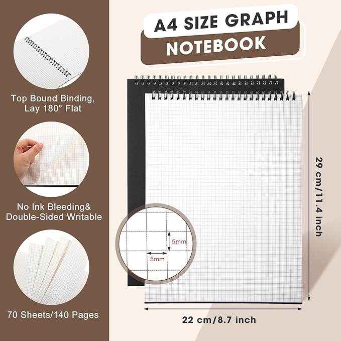 Engrowtic 2 Pack Top Spiral Graph Paper Notebooks 8.7 X11.4 Inch A4 Grid Paper - Image 2