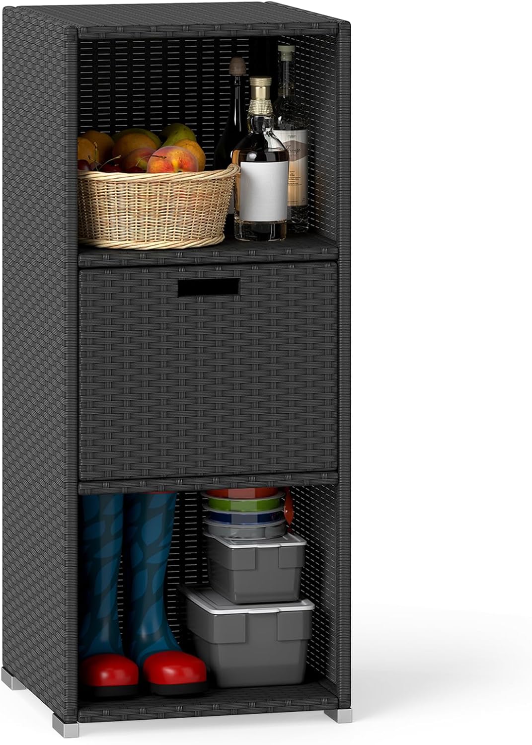 HAPPYGRILL Outdoor Storage Cabinet PE Rattan Wicker Storage Shed Organizer wi...