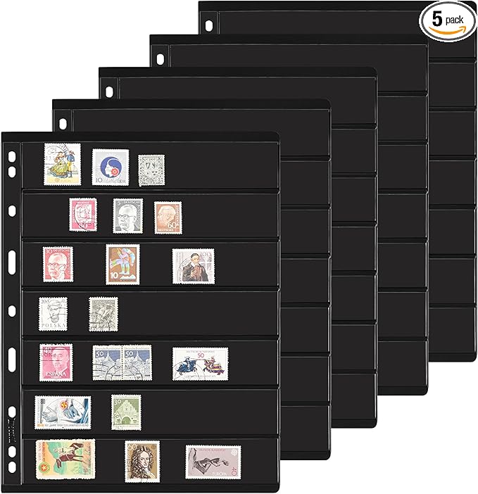 5 Sheets 10 Pages Postage Stamp Album Pages, 7 Pockets 7.7x 1.35in Stamp by UnclePaul
