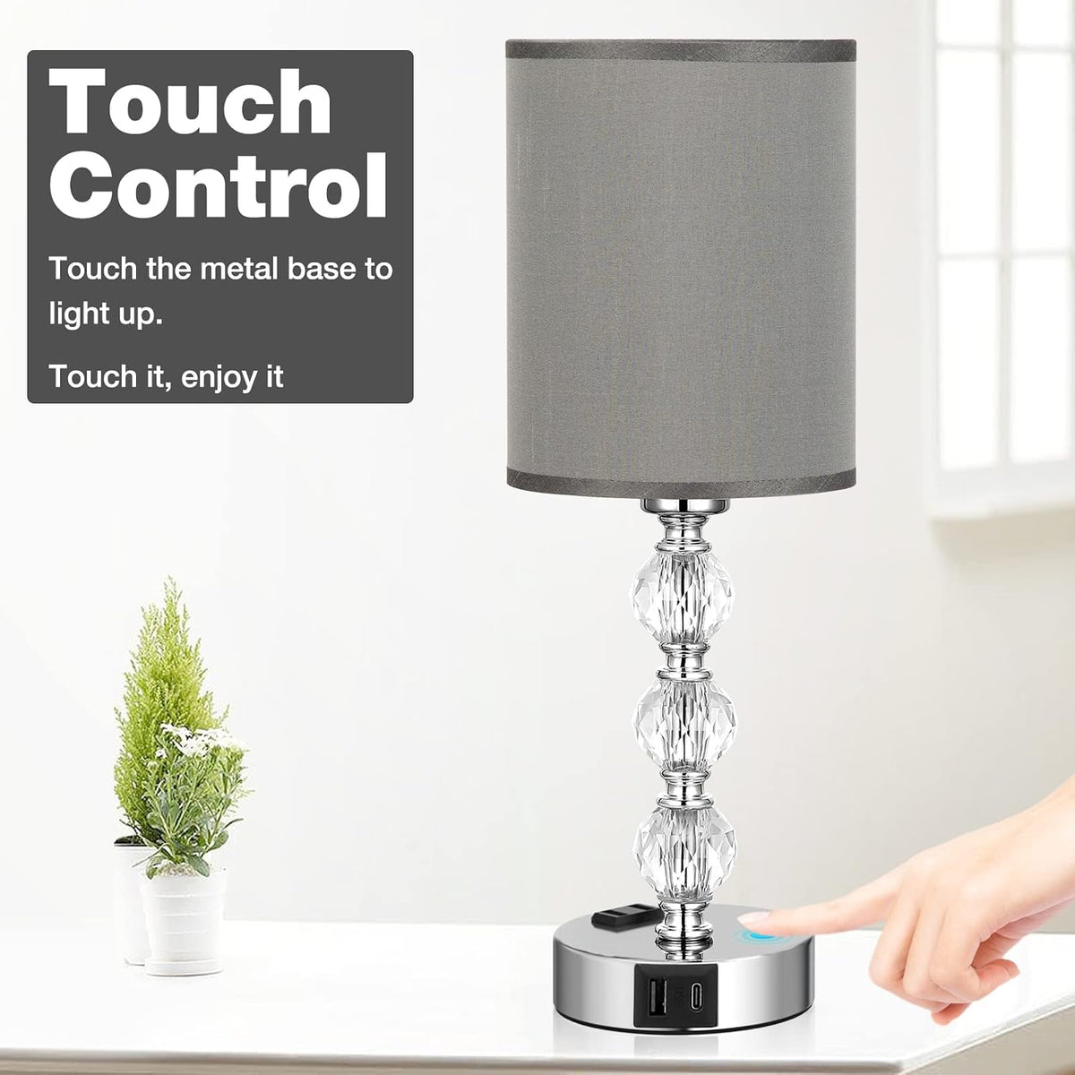 Grey Touch Bedside Lamps for Bedrooms - Crystal Table Lamp with USB C+A Charg...