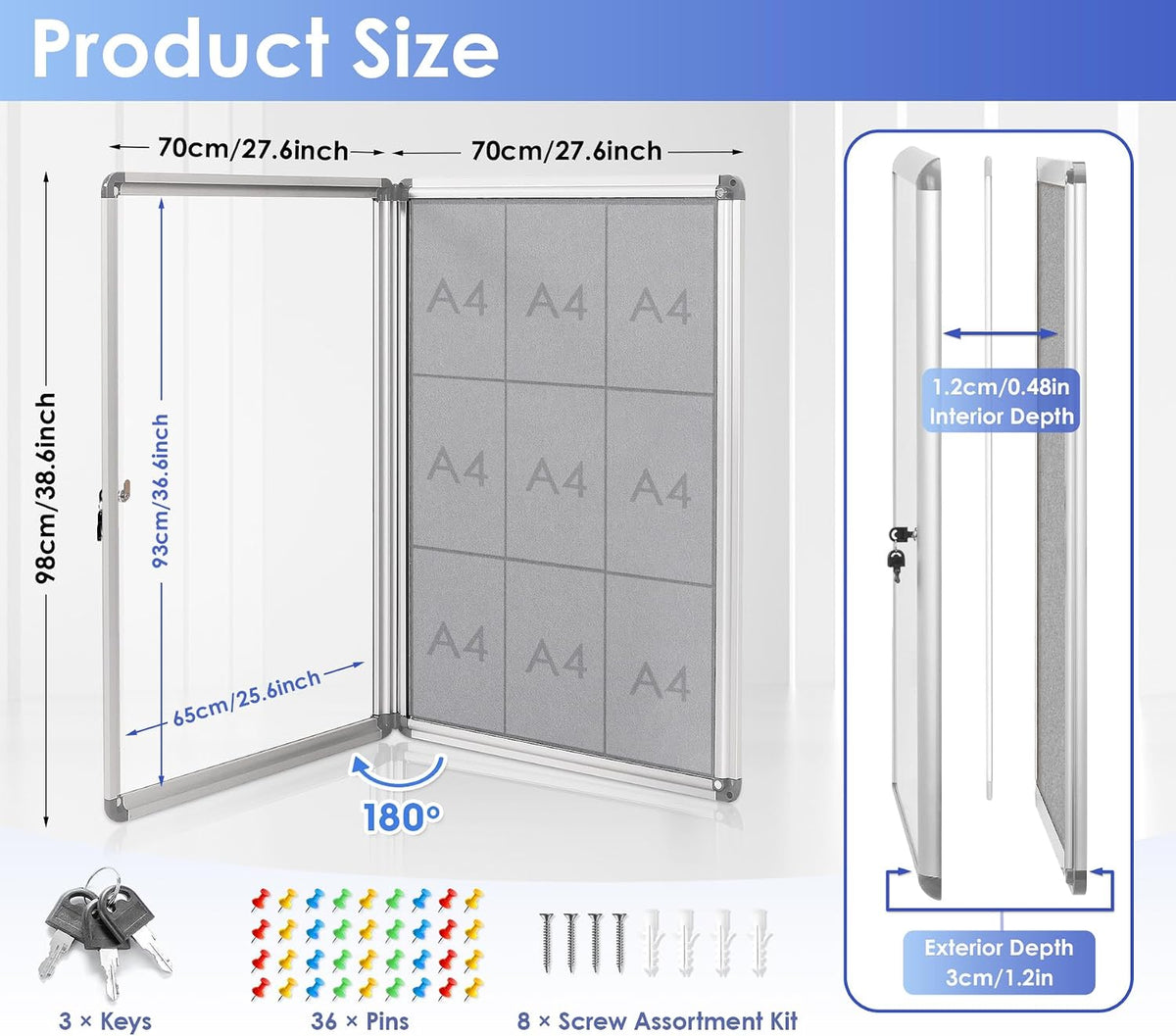 SWANCROWN 38x28 in Enclosed Bulletin Board, Locking Display Felt Board Grey