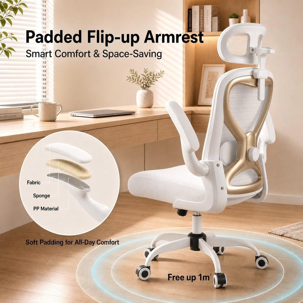 Ergonomic Office Chair for Back & Neck Pain Relief, Virgin Foam Seat, 2D Adjustable Lumbar & 3D Headrest, Tilt & Rock for Relaxation, Ideal for Long Sitting Comfort, White/Gold