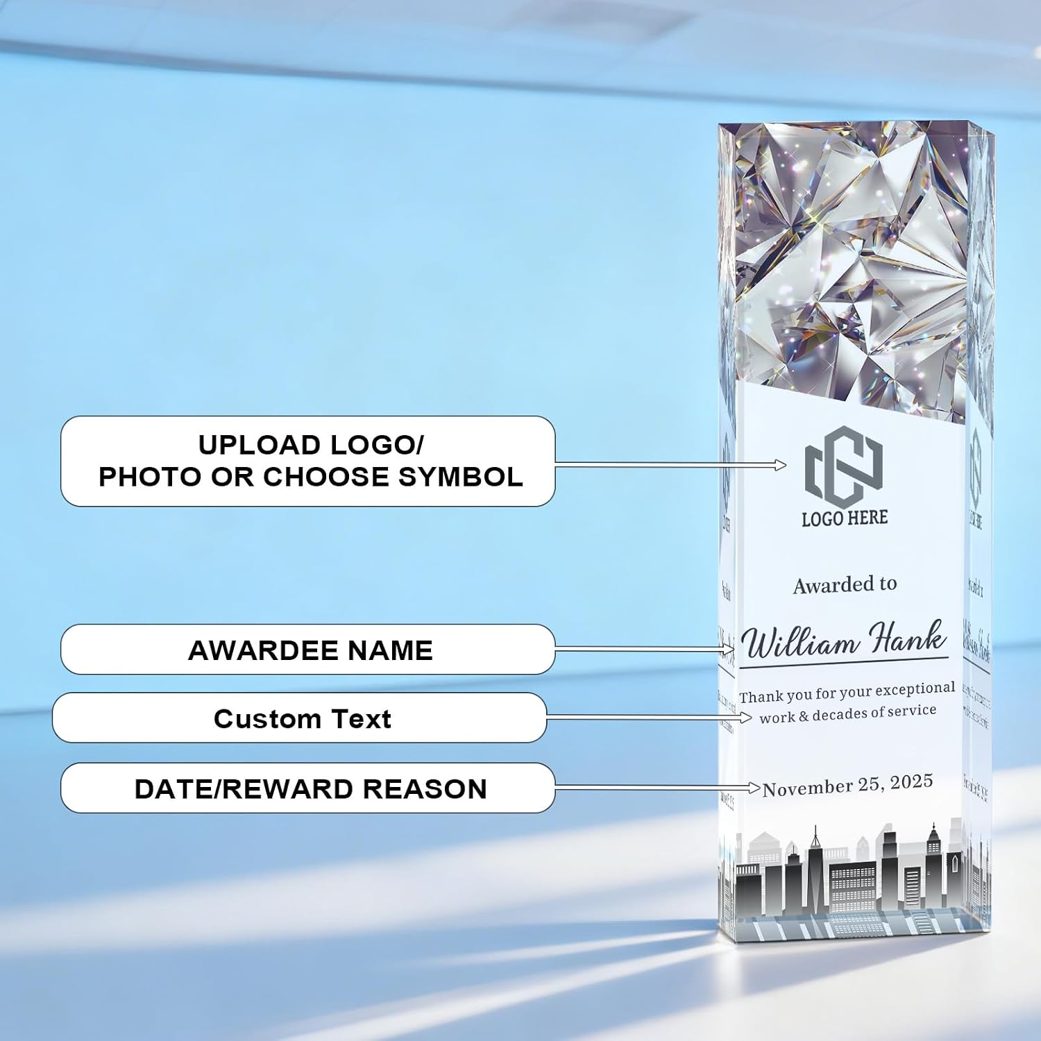 Personalized Employee Recognition Trophy, Custom Years of Service Award | customized with name, title and year for employee appreciation, work anniversaries, team achievements and office display