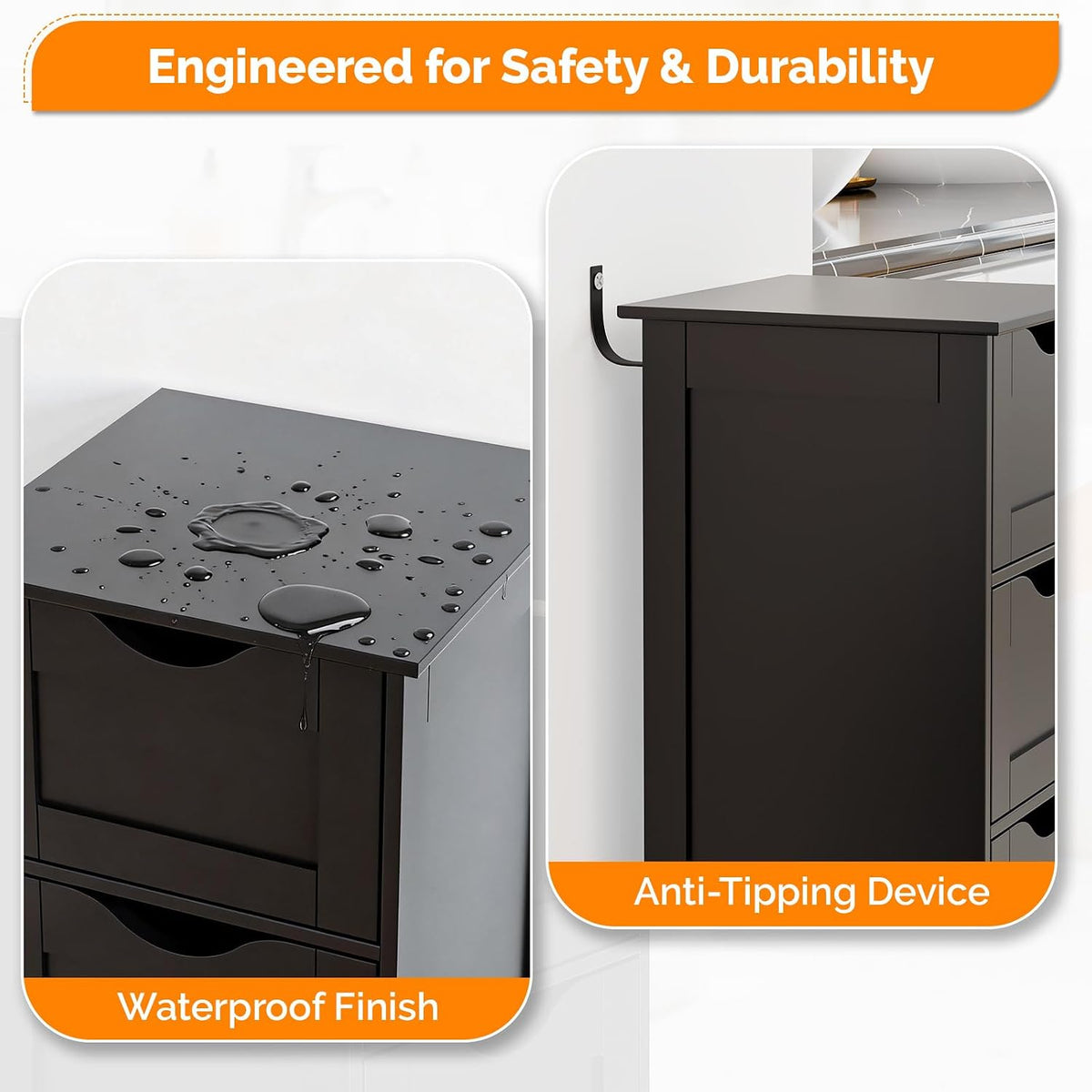 VINGLI Black Bathroom Storage Cabinet with 4 Drawers, Slim Freestanding Floor...