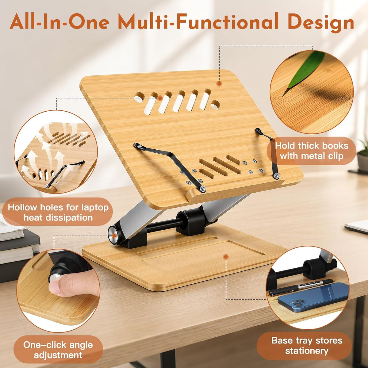 Bamboo Adjustable Book Stand, Foldable Cookbook Holder (Natural Bamboo)