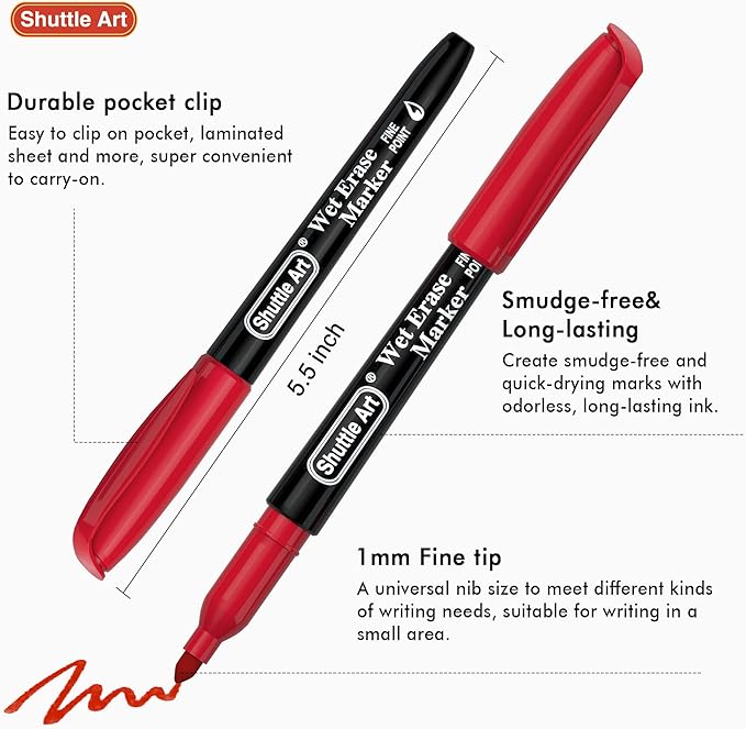 Shuttle Art Wet Erase Markers, 10 Colors 1mm Fine Tip Smudge-Free Markers - Image 4